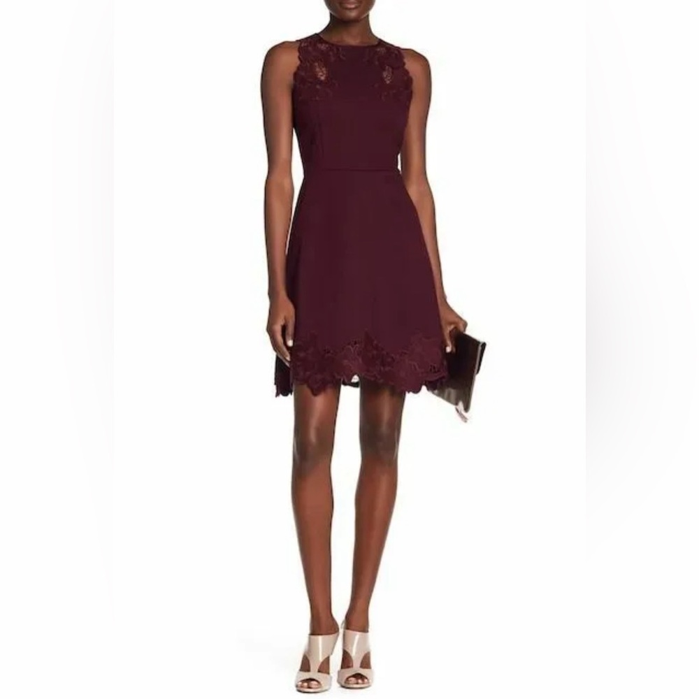 TED BAKER EMMONA EMBROIDERED SKATER DRESS IN BURGUNDY• Size M